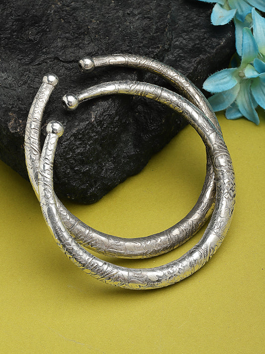 Set of 2 Silver-Plated Engraved Tribal Design Adjustable Oxidised Kada Anklets