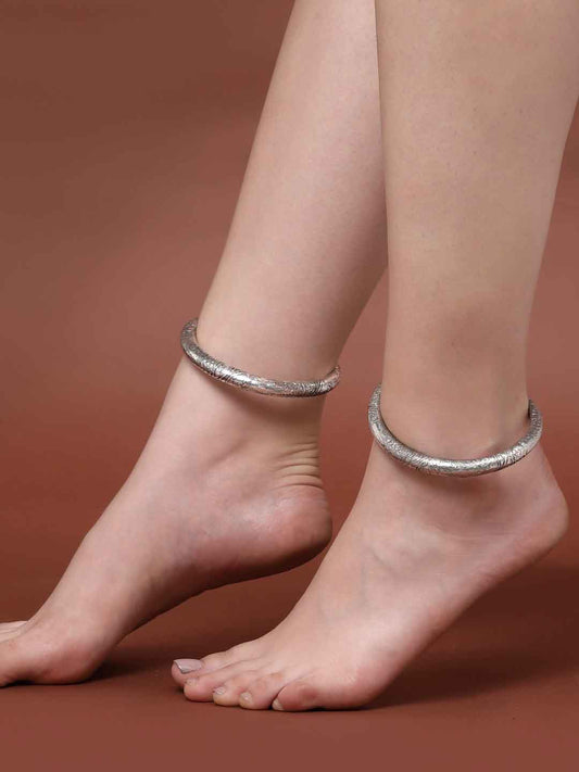 Set of 2 Silver-Plated Engraved Tribal Design Adjustable Oxidised Kada Anklets