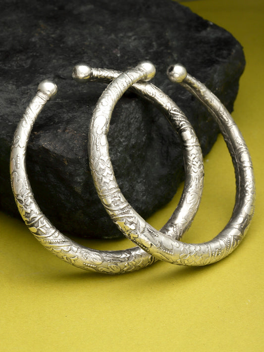 Unisex Set Of 2 Silver-Plated Oxidised Cuff Bracelet