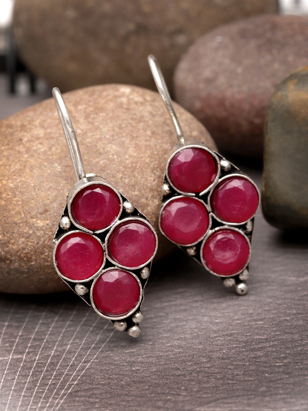 Silver-Plated German Silver Contemporary Oxidised Artificial Stones Stud Earrings