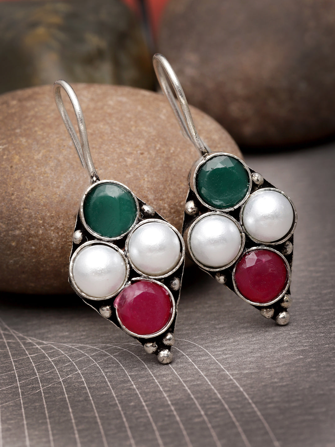 Silver-Plated German Silver Contemporary Oxidised Artificial Stones Stud Earrings