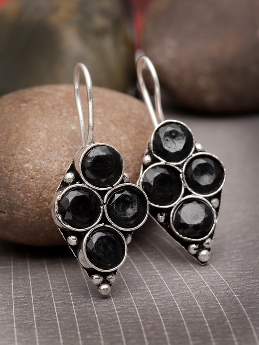 Silver-Plated German Silver Contemporary Oxidised Artificial Stones Stud Earrings