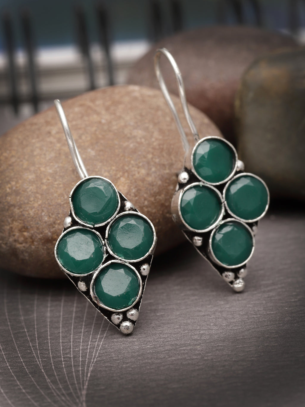 Silver-Plated German Silver Contemporary Oxidised Artificial Stones Stud Earrings