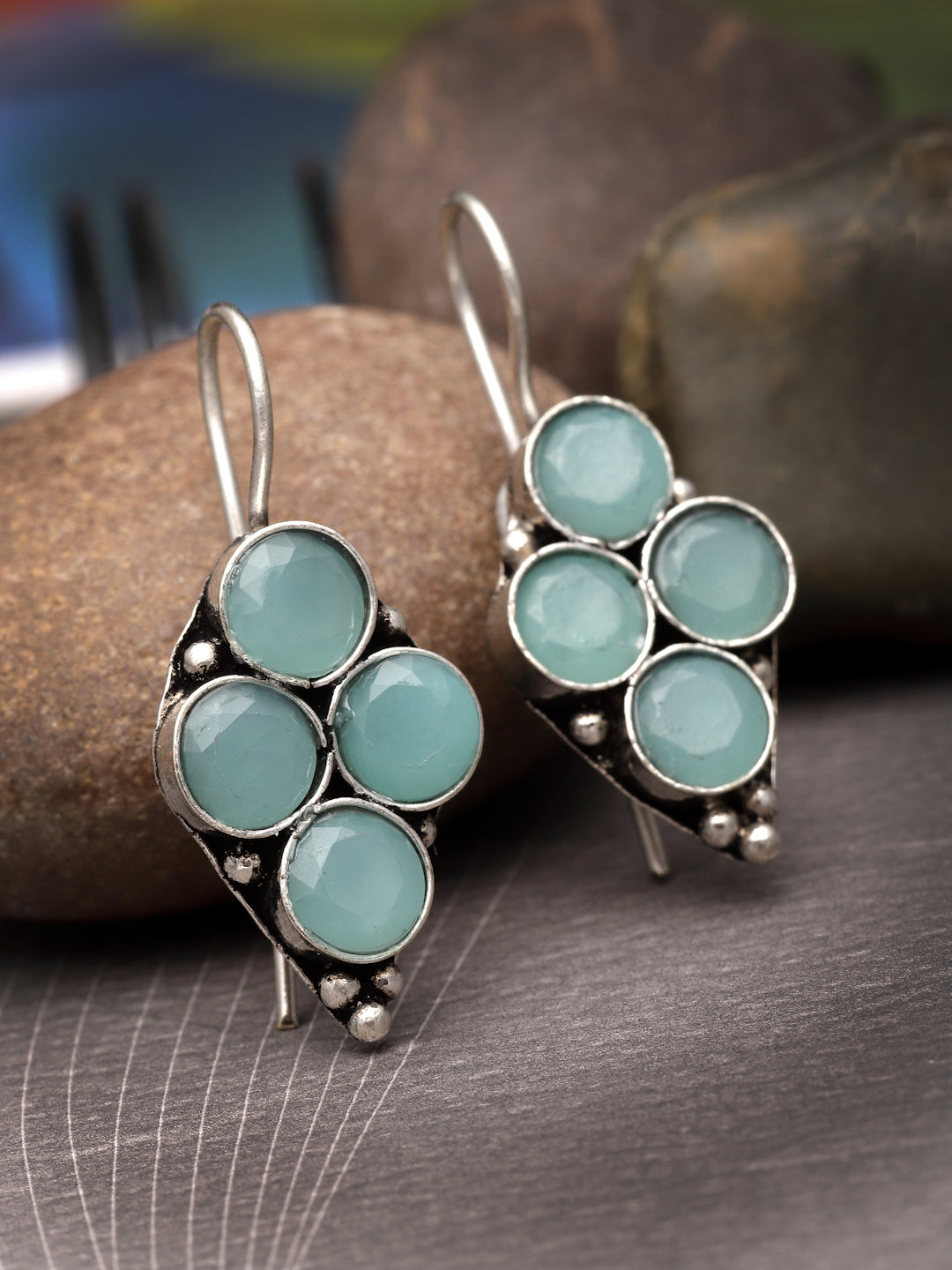 Silver-Plated German Silver Contemporary Oxidised Artificial Stones Stud Earrings