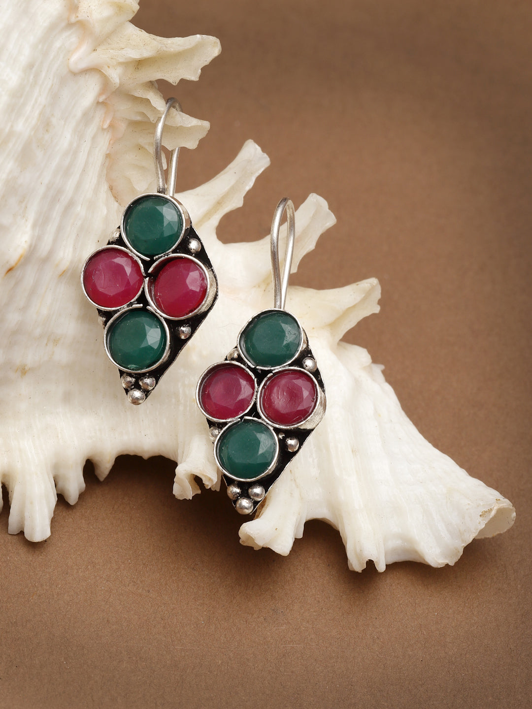 Silver-Plated German Silver Contemporary Oxidised Artificial Stones Stud Earrings