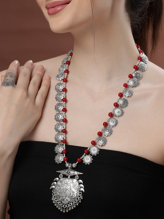 German Silver-Plated Red Beaded Oxidised Long Antique Tribal Statement Necklac