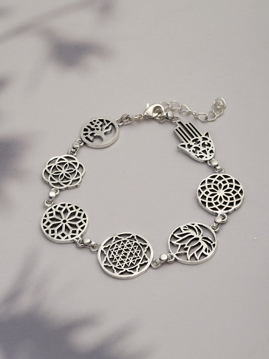 Oxidised Silver Plated Charm Hamsa Geometric Symbols Bracelet