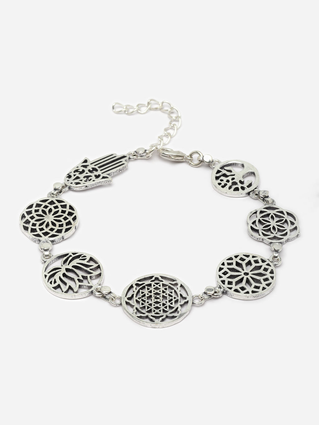 Oxidised Silver Plated Charm Hamsa Geometric Symbols Bracelet