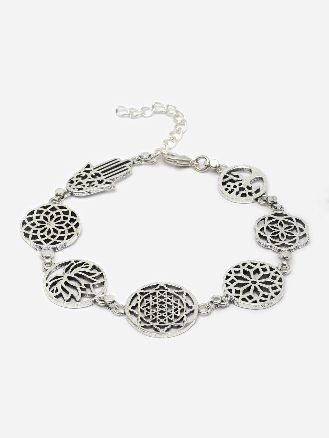 Oxidised Silver Plated Charm Hamsa Geometric Symbols Bracelet