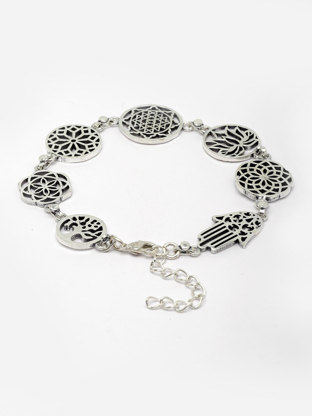 Oxidised Silver Plated Charm Hamsa Geometric Symbols Bracelet