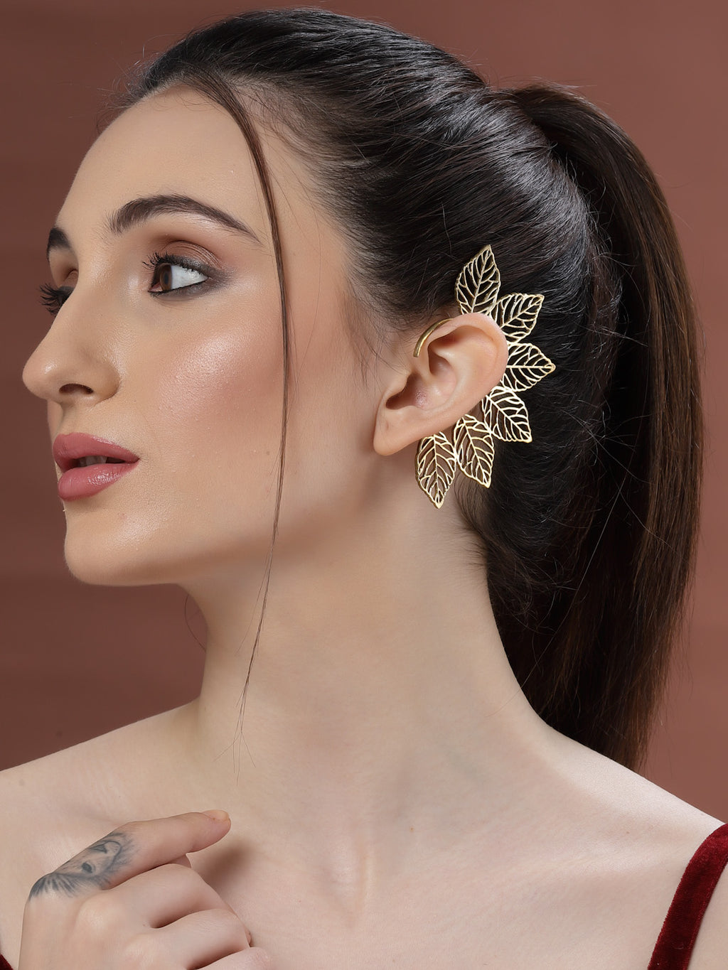 Set of 2 Gold-Plated Contemporary Leafy Statement Ear Cuffs Antique Earring