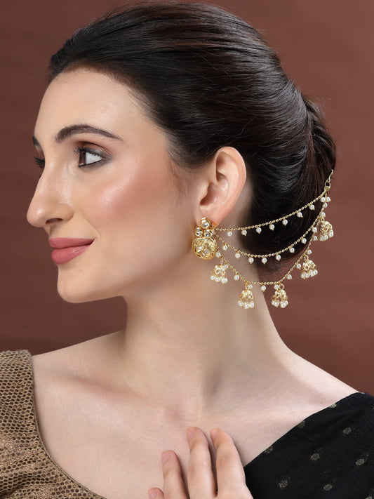 Gold-Plated Pearls Studded Classic Layered Ear Chain Ear Cuff 5 Jhumki Jhumka Earring