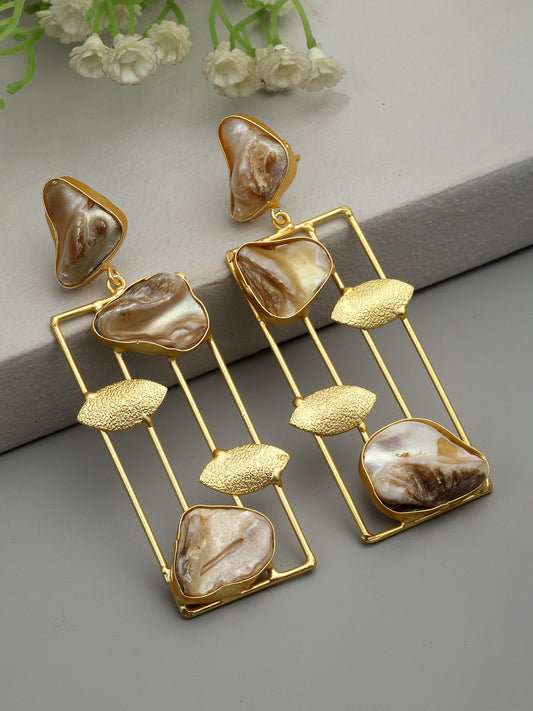 Gold-Plated Natural Stone Contemporary Artificial Beads Drop Brass Dangle Geometric Earrings