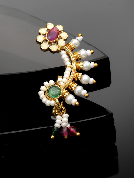 Gold-Plated Green Kundan Ruby Pearl Studded Press-On Nosepin