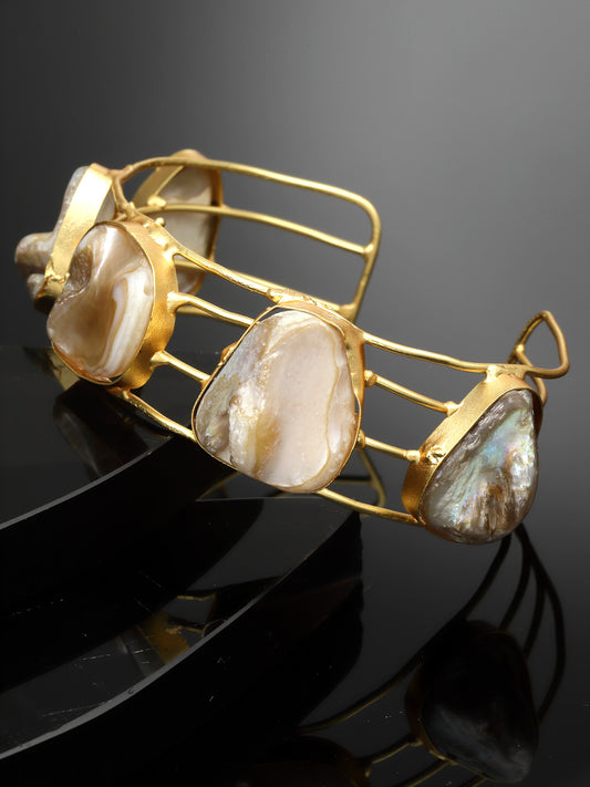 Stone Studded Gold-Plated Brass Cuff Adjustable Bracelet