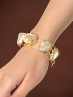 Stone Studded Gold-Plated Brass Cuff Adjustable Bracelet