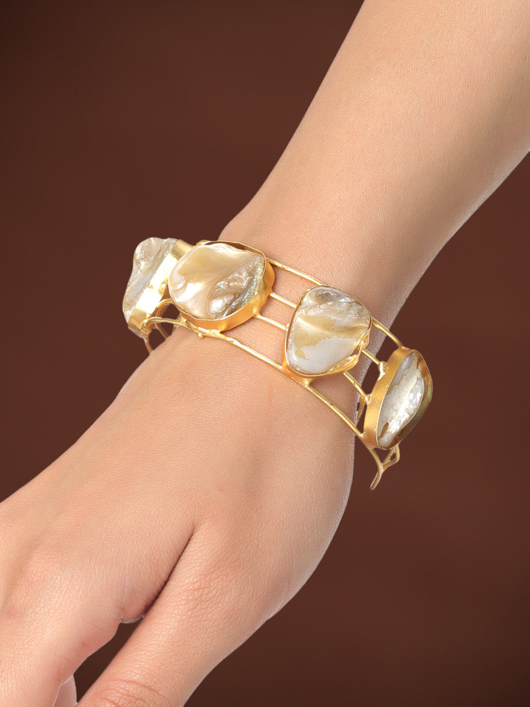 Stone Studded Gold-Plated Brass Cuff Adjustable Bracelet