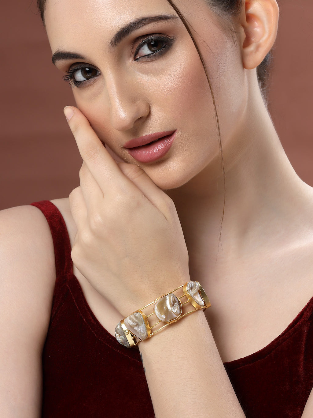 Stone Studded Gold-Plated Brass Cuff Adjustable Bracelet