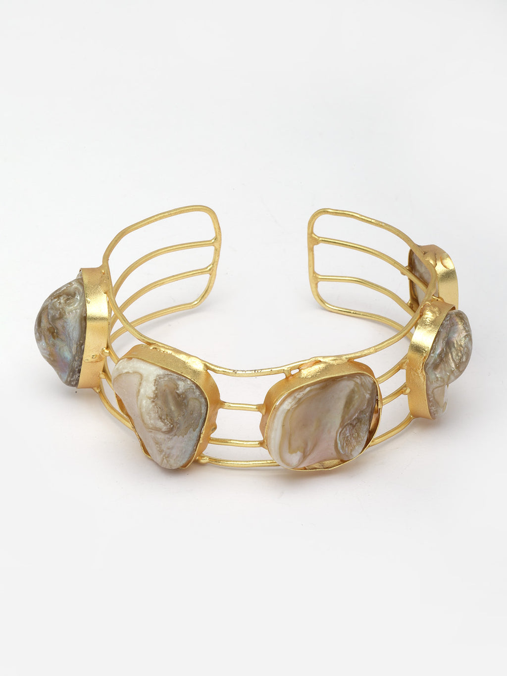Stone Studded Gold-Plated Brass Cuff Adjustable Bracelet