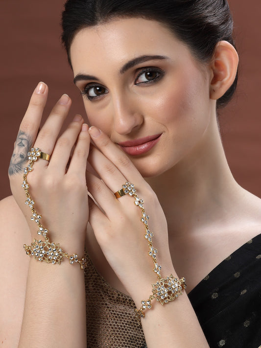 Set of 2 Gold-Toned & Silver-Toned Brass Kundan Gold-Plated Ring Bracelet