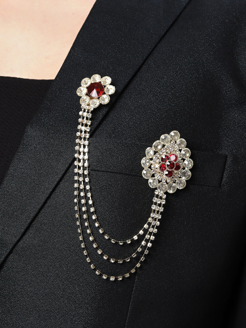 Unisex Gold-Toned & Maroon &White Embellished American Diamond Layered Brooch Lapel Pin