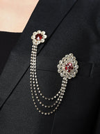 Unisex Gold-Toned & Maroon &White Embellished American Diamond Layered Brooch Lapel Pin
