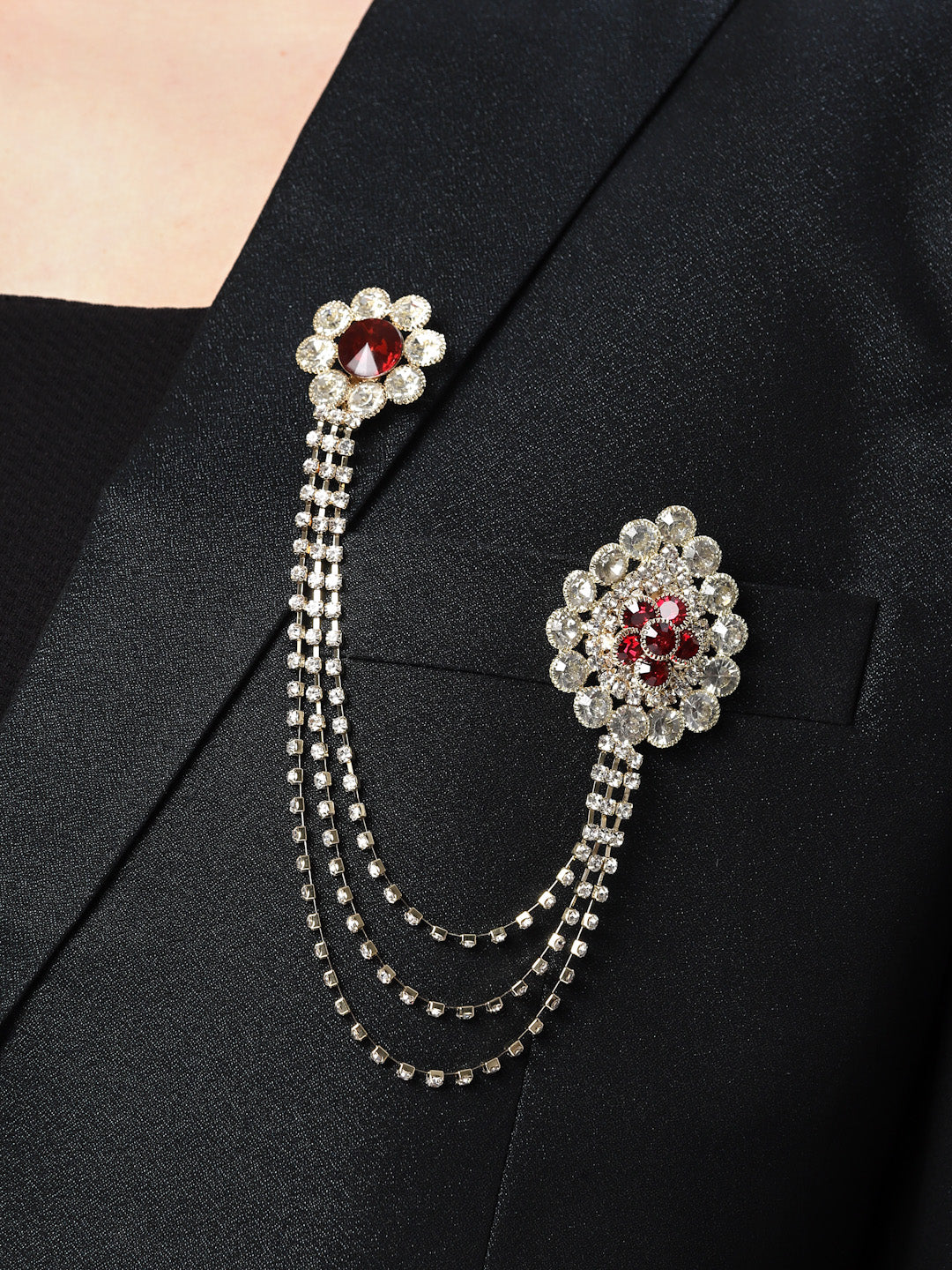Unisex Gold-Toned & Maroon &White Embellished American Diamond Layered Brooch Lapel Pin