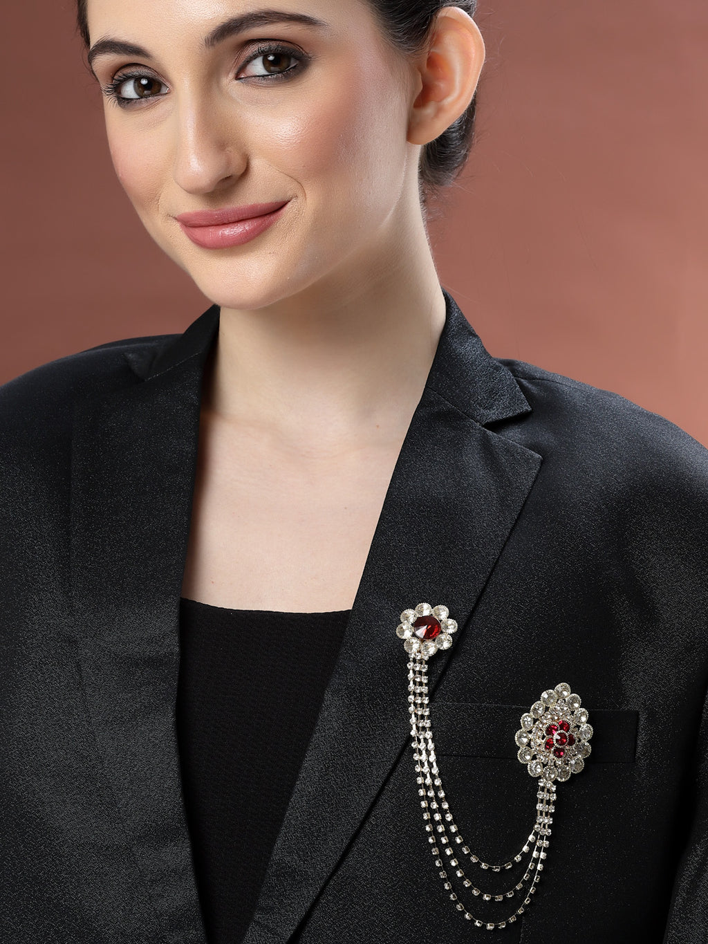 Unisex Gold-Toned & Maroon &White Embellished American Diamond Layered Brooch Lapel Pin