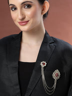 Unisex Gold-Toned & Maroon &White Embellished American Diamond Layered Brooch Lapel Pin