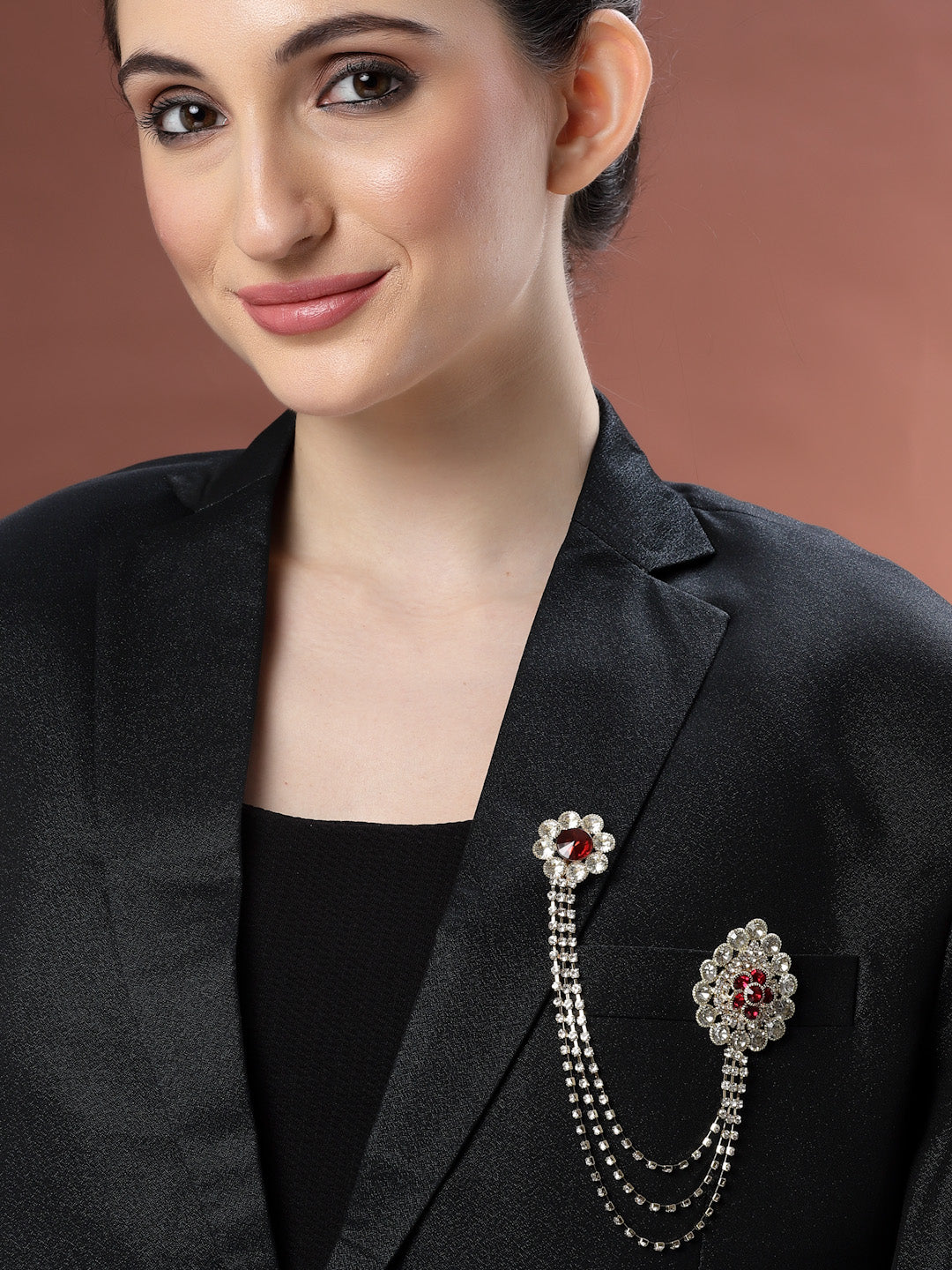 Unisex Gold-Toned & Maroon &White Embellished American Diamond Layered Brooch Lapel Pin