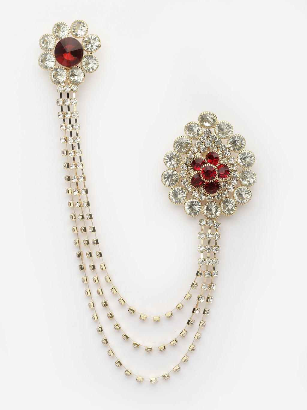 Unisex Gold-Toned & Maroon &White Embellished American Diamond Layered Brooch Lapel Pin