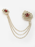 Unisex Gold-Toned & Maroon &White Embellished American Diamond Layered Brooch Lapel Pin