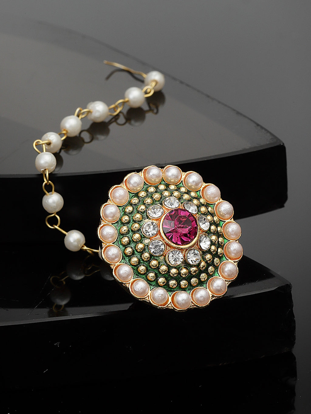 Gold-Plated Stone-Studded & Beaded Bor Borla Pearl Maang Tikka
