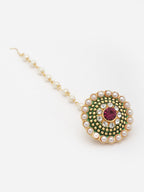 Gold-Plated Stone-Studded & Beaded Bor Borla Pearl Maang Tikka
