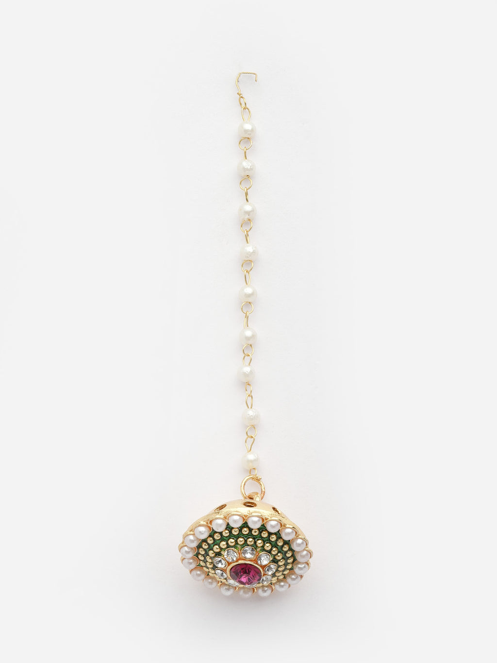 Gold-Plated Stone-Studded & Beaded Bor Borla Pearl Maang Tikka
