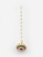 Gold-Plated Stone-Studded & Beaded Bor Borla Pearl Maang Tikka
