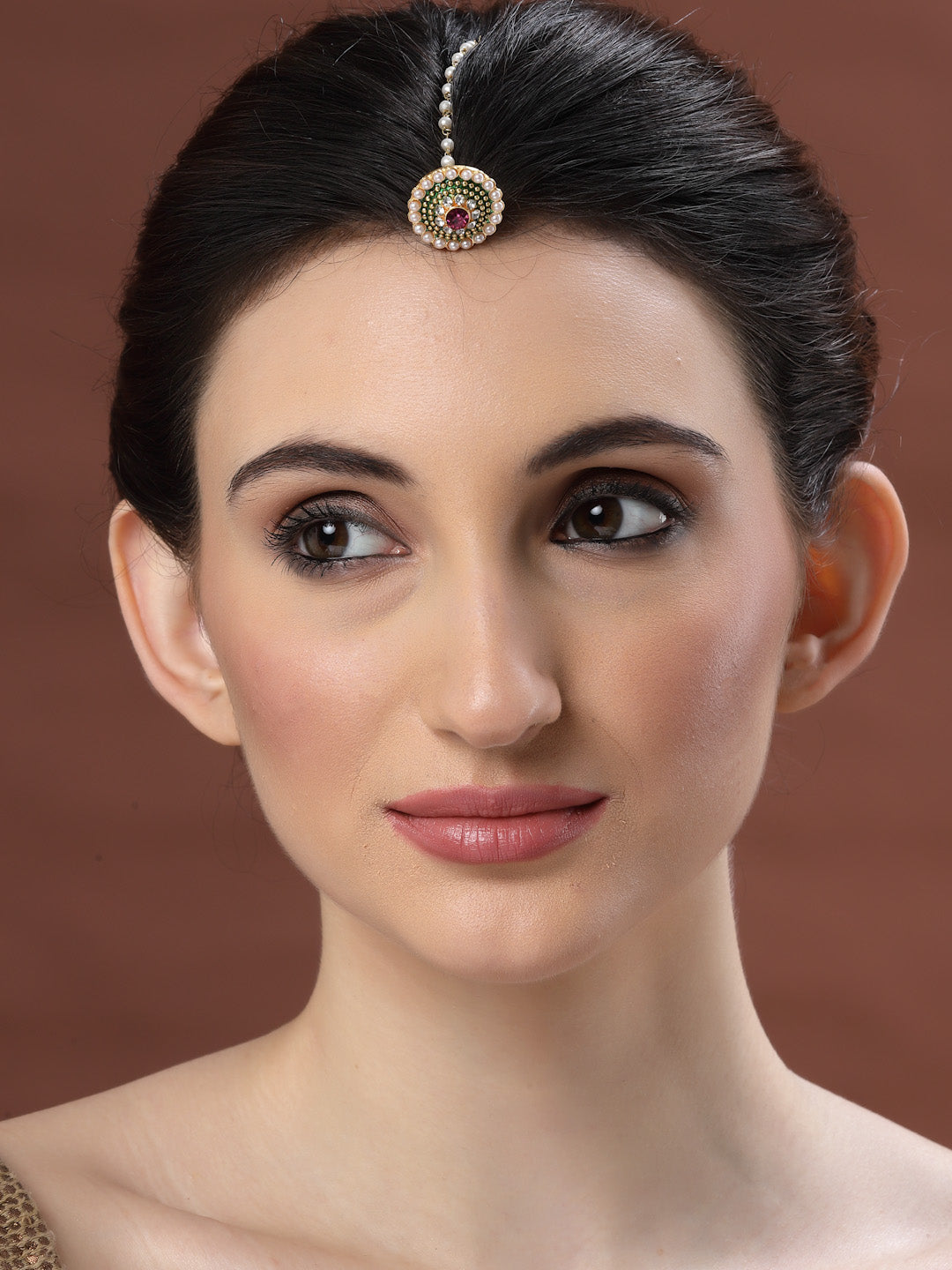 Gold-Plated Stone-Studded & Beaded Bor Borla Pearl Maang Tikka