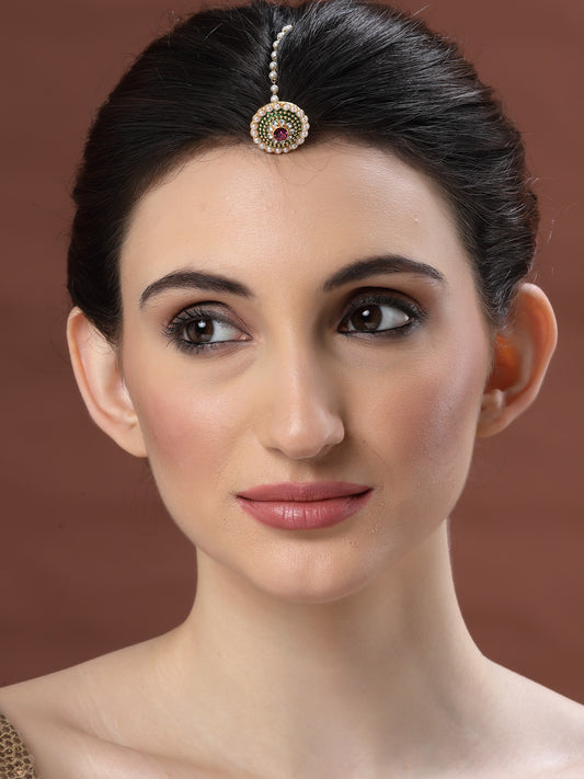 Gold-Plated Stone-Studded & Beaded Bor Borla Pearl Maang Tikka