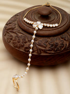 Gold-Plated Crystals & AD Stone Studded Finger Ring Hathphool Pearl Bracelet