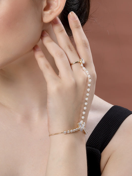 Gold-Plated Crystals & AD Stone Studded Finger Ring Hathphool Pearl Bracelet
