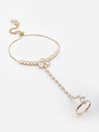 Gold-Plated Crystals & AD Stone Studded Finger Ring Hathphool Pearl Bracelet