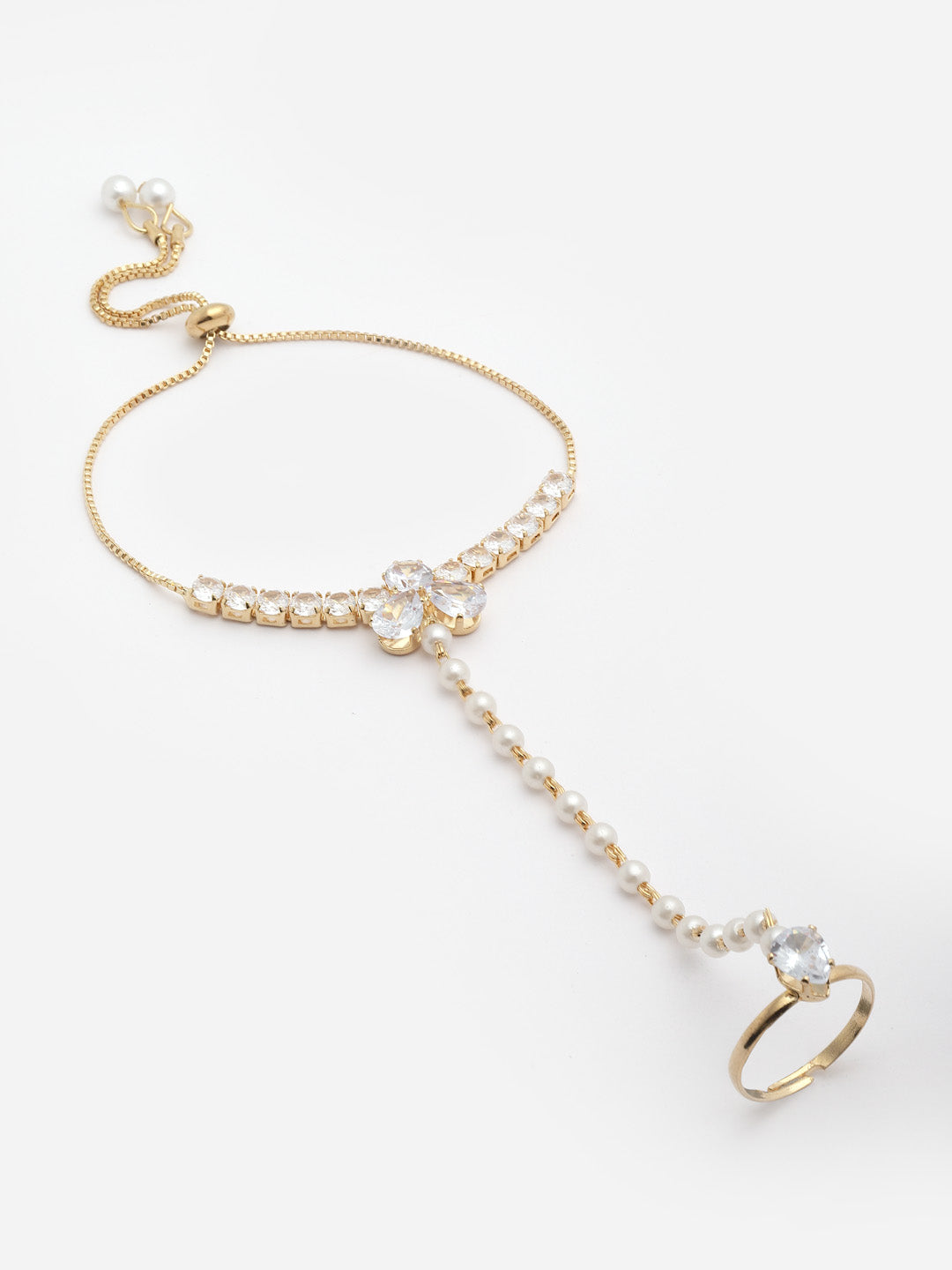 Gold-Plated Crystals & AD Stone Studded Finger Ring Hathphool Pearl Bracelet