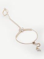 Gold-Plated Crystals & AD Stone Studded Finger Ring Hathphool Pearl Bracelet