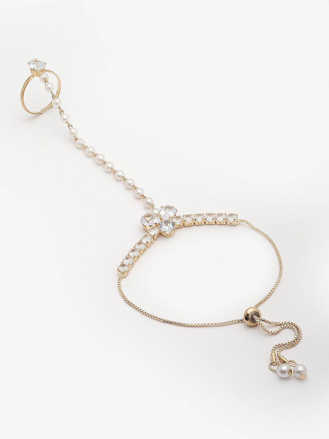 Gold-Plated Crystals & AD Stone Studded Finger Ring Hathphool Pearl Bracelet