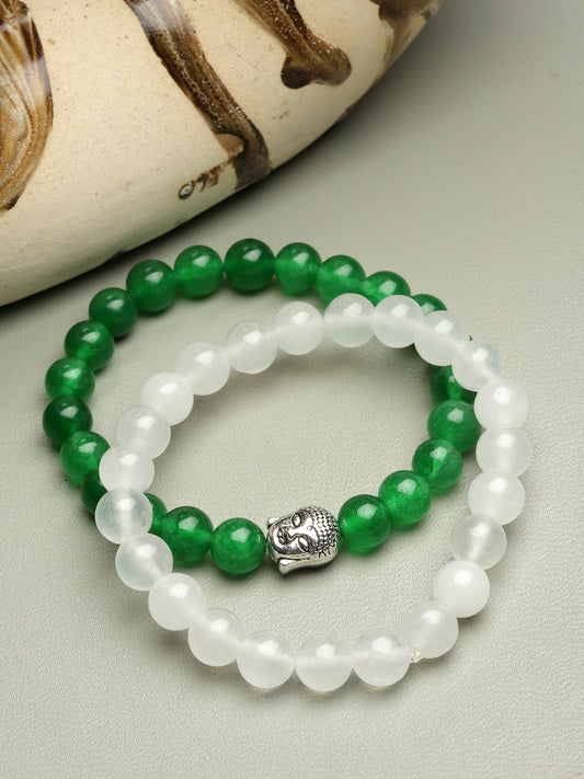 Set Of 2 Pearls Green Buddha Mother Of Pearl Slip-On Elasticated Bracelet