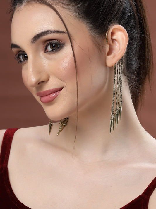 Gold-Plated Contemporary Ear Cuff Drop Long Snake Chain Statement Dangle Earrings