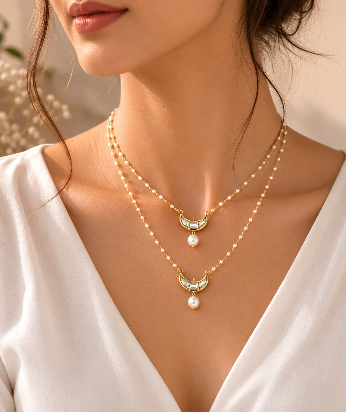 Gold-Plated Kundan Studded Crescent Moon Charms Layered Collor Pearl Necklace