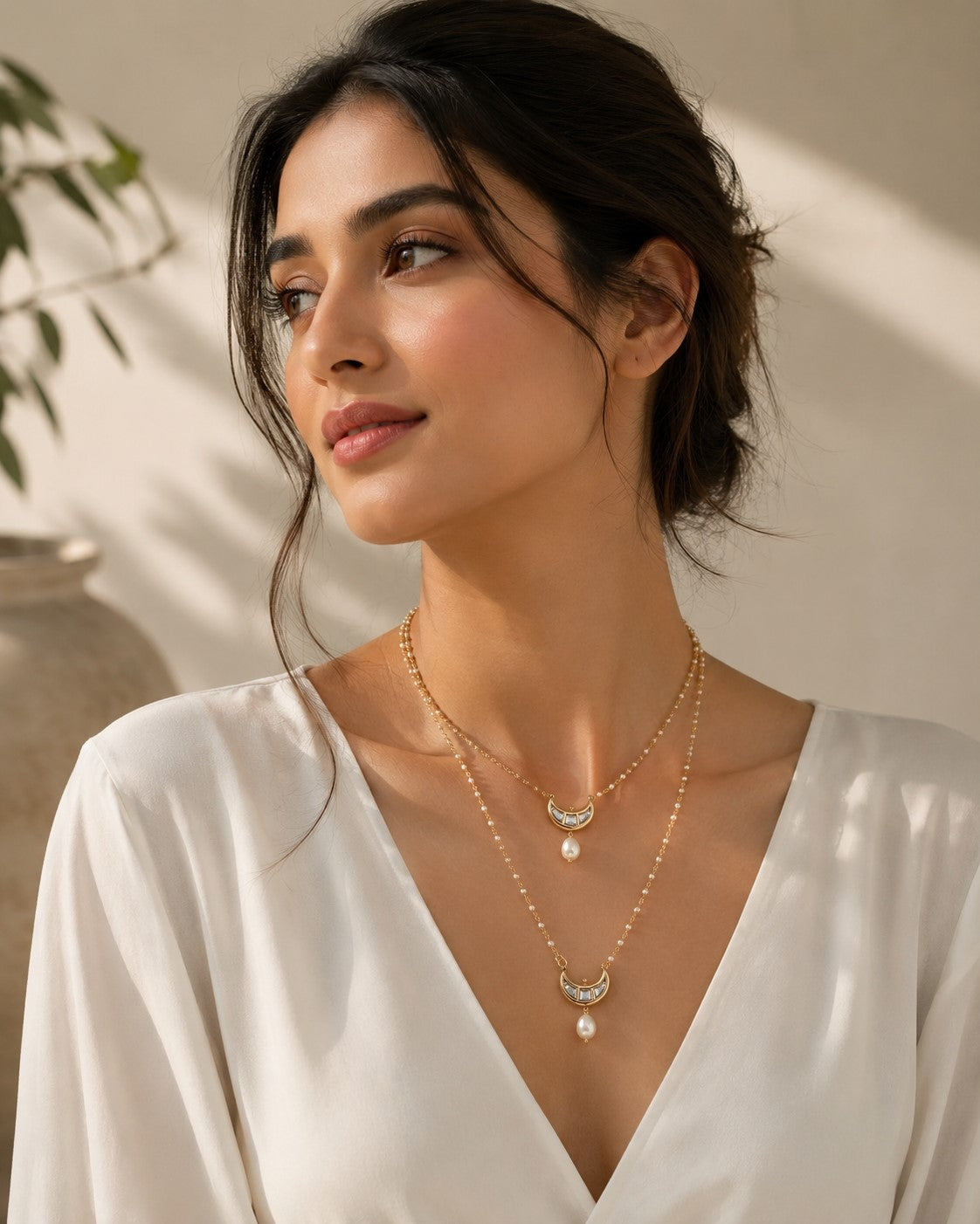 Gold-Plated Kundan Studded Crescent Moon Charms Layered Collor Pearl Necklace