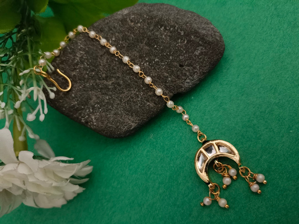 Gold Plated Kundan Studded  Cresent Moon Maang Tikka For Women Girls