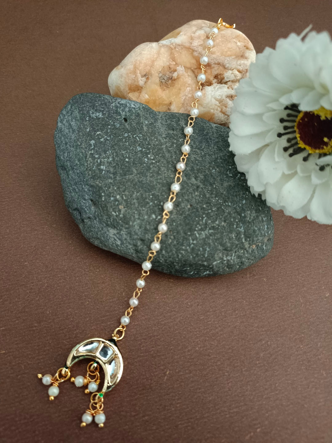 Gold Plated Kundan Studded  Cresent Moon Maang Tikka For Women Girls